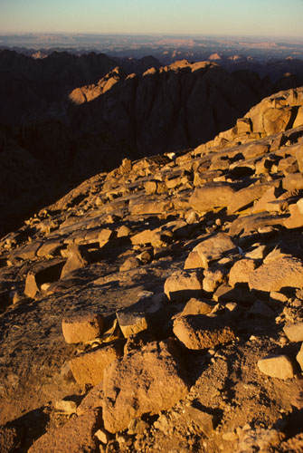 Northward view from 20 metres below summit of Mt Sinai at sunset.