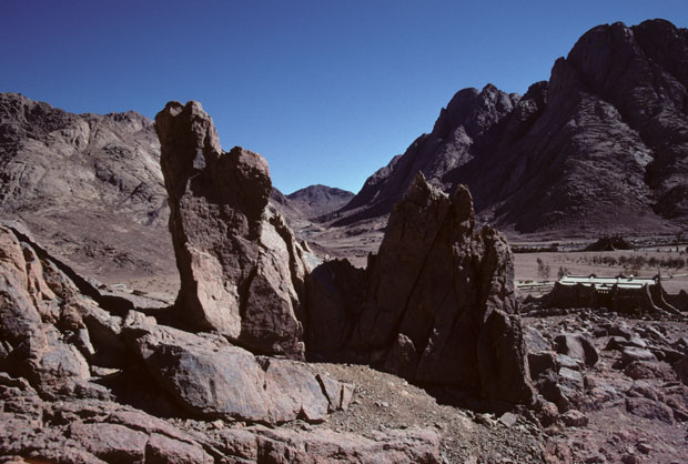 Free-standing rock formations in a view to the northeast towards Wadi esh-Sheikh, from close to St Catherine's Tourist Village (see images 65, 66, 67 and 68) located on Wadi Er-Raha in the region of Mt Sinai. 