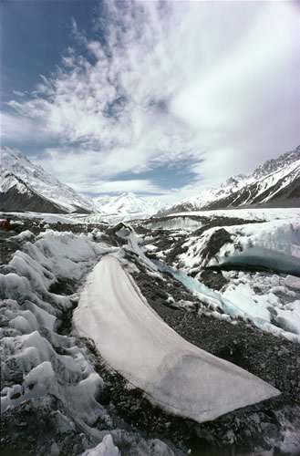 Tasman Glacier: Wind-blown granular ice-mound at lower end of glacier.