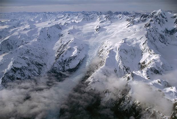 Eastward view of Fox Glacier and its extensive neve arising on the west side of the Main Divide of the Southern Alps. Mt Tasman is seen at top-right. The remarkable crevassing of the upper neve of Fox Glacier is shown in evening cross-light in the west-looking, much closer view which is image 3 of this collection.  